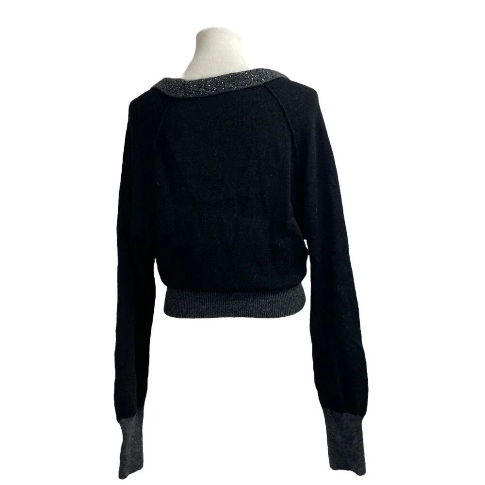Free People Deep V Neck Sweater. Large. Wool Blend slouchy grey gray black shiny